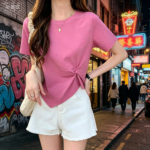 Casual Cotton Blend Women's Pink Top and White Shorts Set - Image 2
