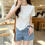 Casual Cotton Blend Women's T-Shirt, Asymmetrical Twist Design - Image 3