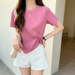 Casual Cotton Blend Women's Pink Top and White Shorts Set