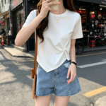 Casual Cotton Blend Women's T-Shirt, Asymmetrical Twist Design - Image 2